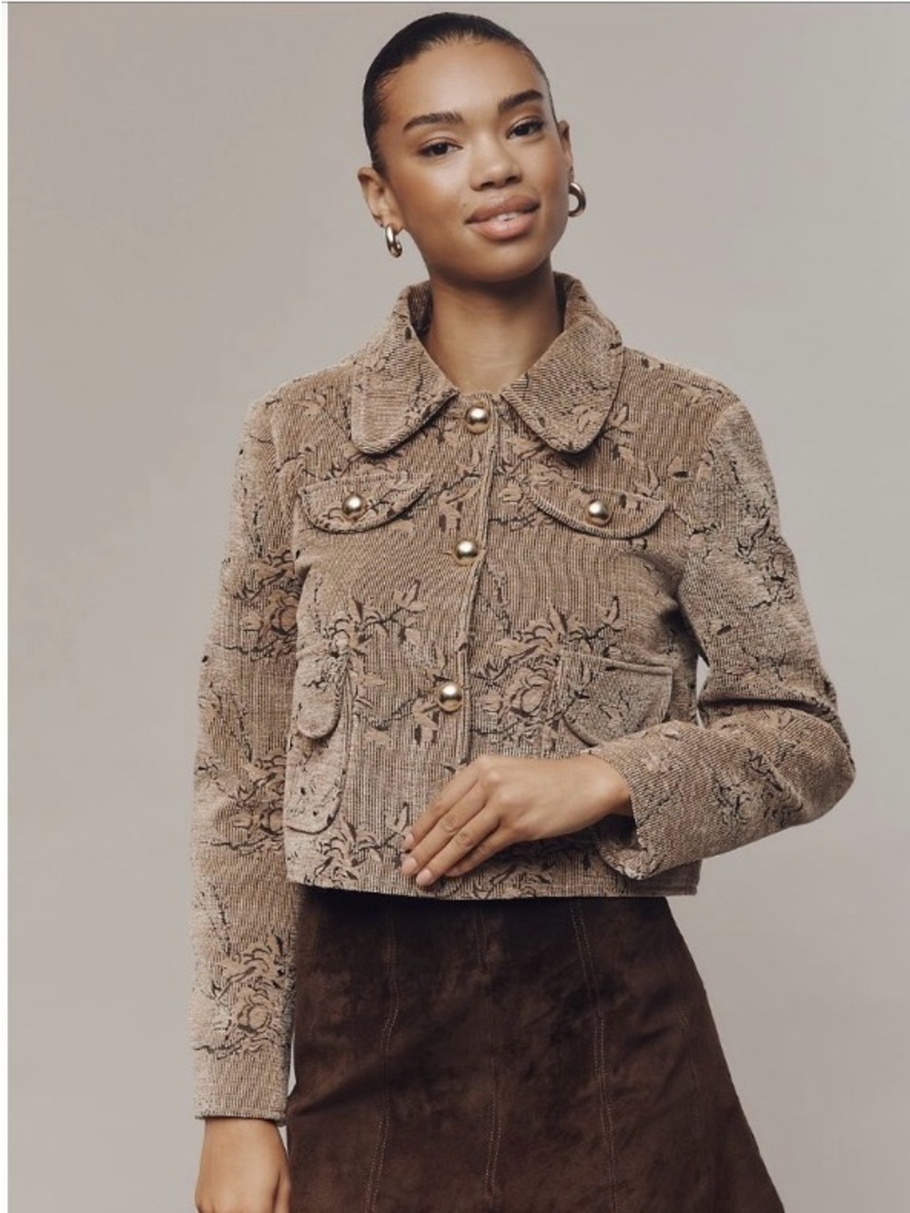Avec Les Filles Taupe Textured Floral Cropped Jacket